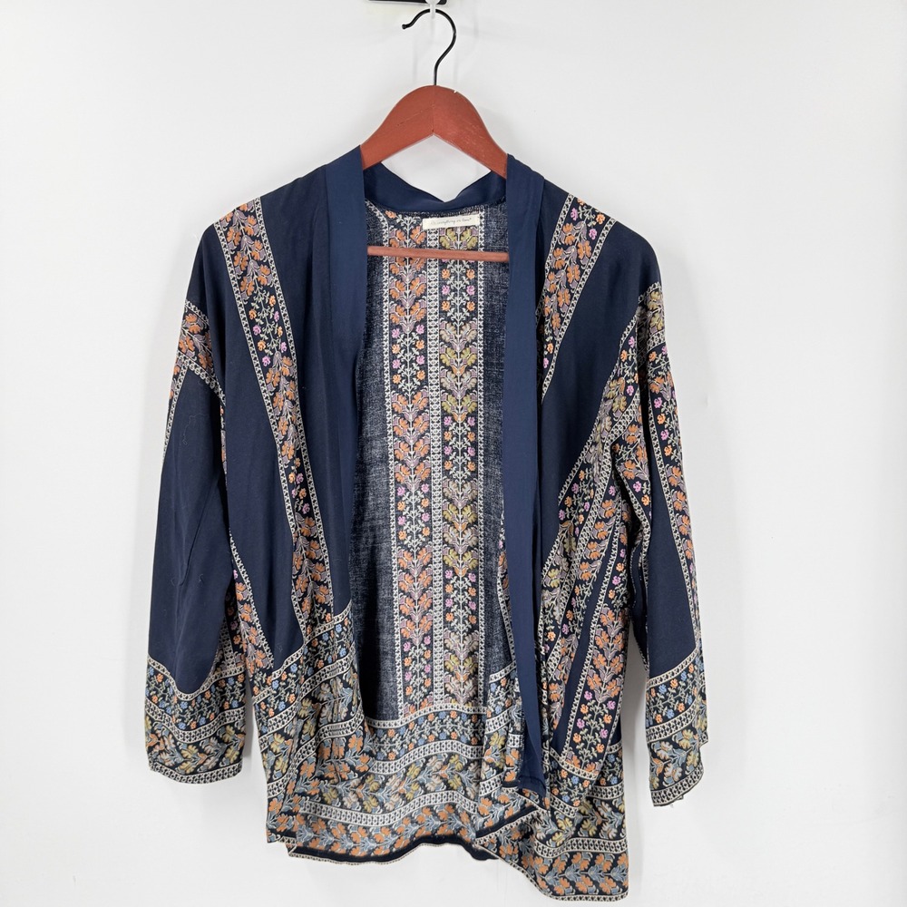 Do Everything In Love Kimono Cardigan Navy One Size Floral Boho Open Front
